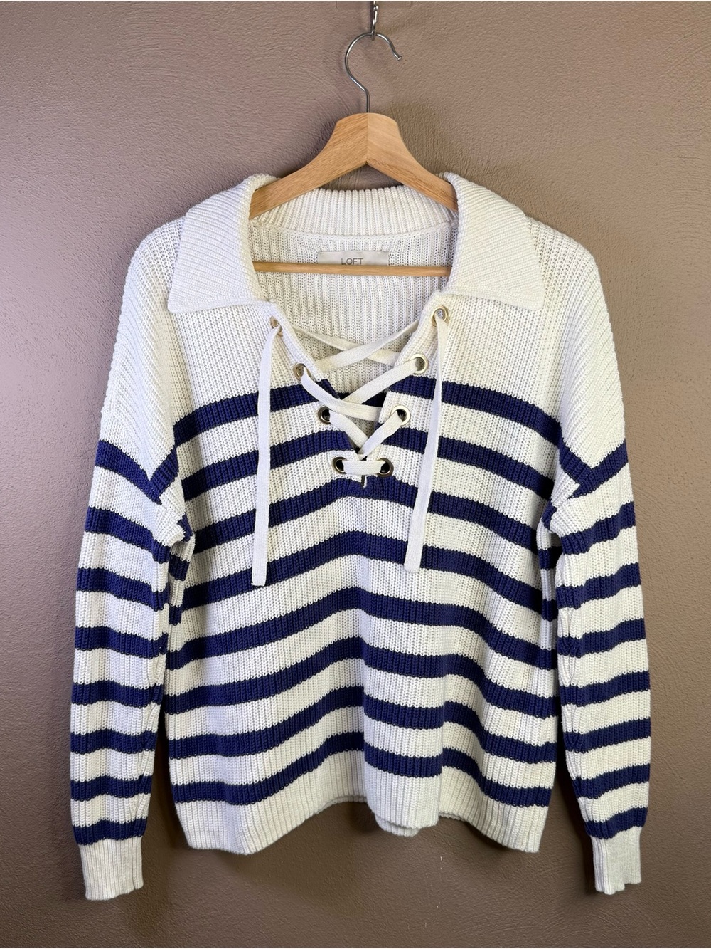 LOFT Women's Nautical Navy & White Stripe Lace Up Sweater Women’s Size Small - Picture 5 of 16